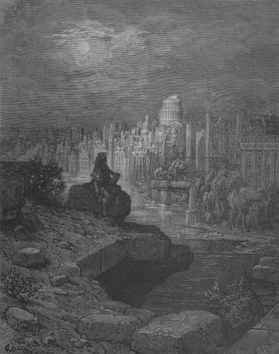 I viaggiatori si siederanno sulle rovine, lungo il Tamigi da Gustave after Dore